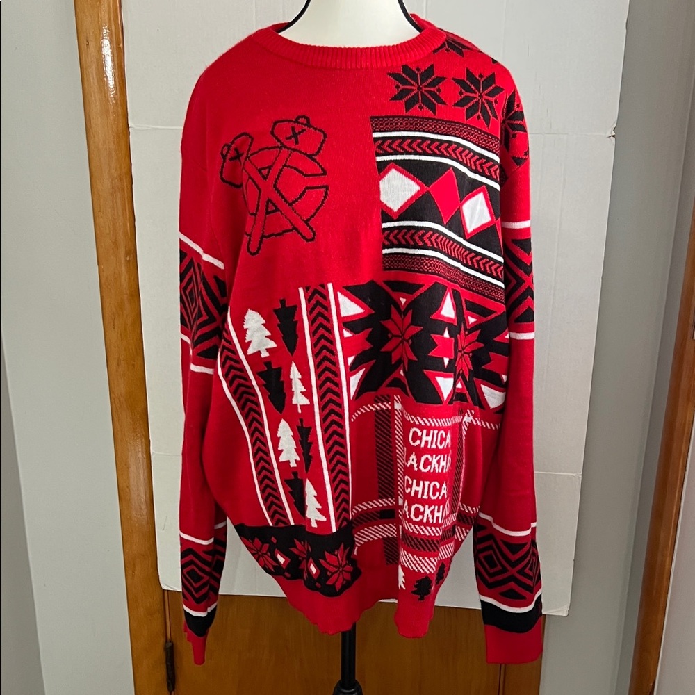 Chicago Black Hawks Patches Holiday Ugly Red Patterned Men's Sweater